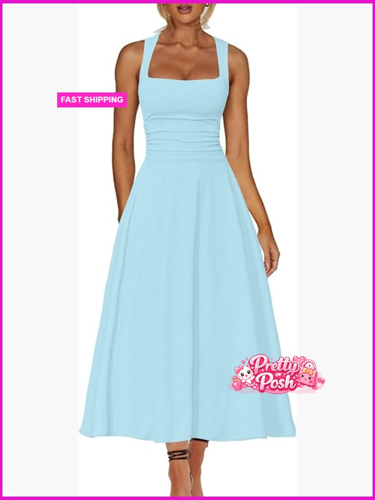 Square Neck Corset A Line Maxi Dress Ruffle Ruched Waist Flowy Long Dress